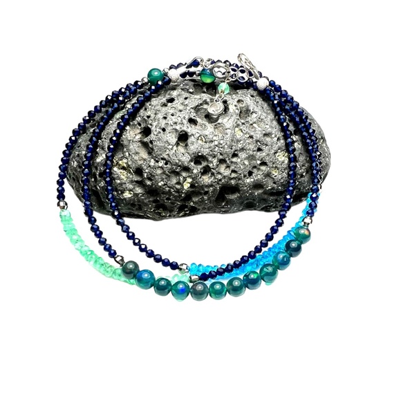 Solid 14K White Gold  Natural Emerald Black Opal Sapphire Wrap Bracelet Necklace - Picture 5 of 7